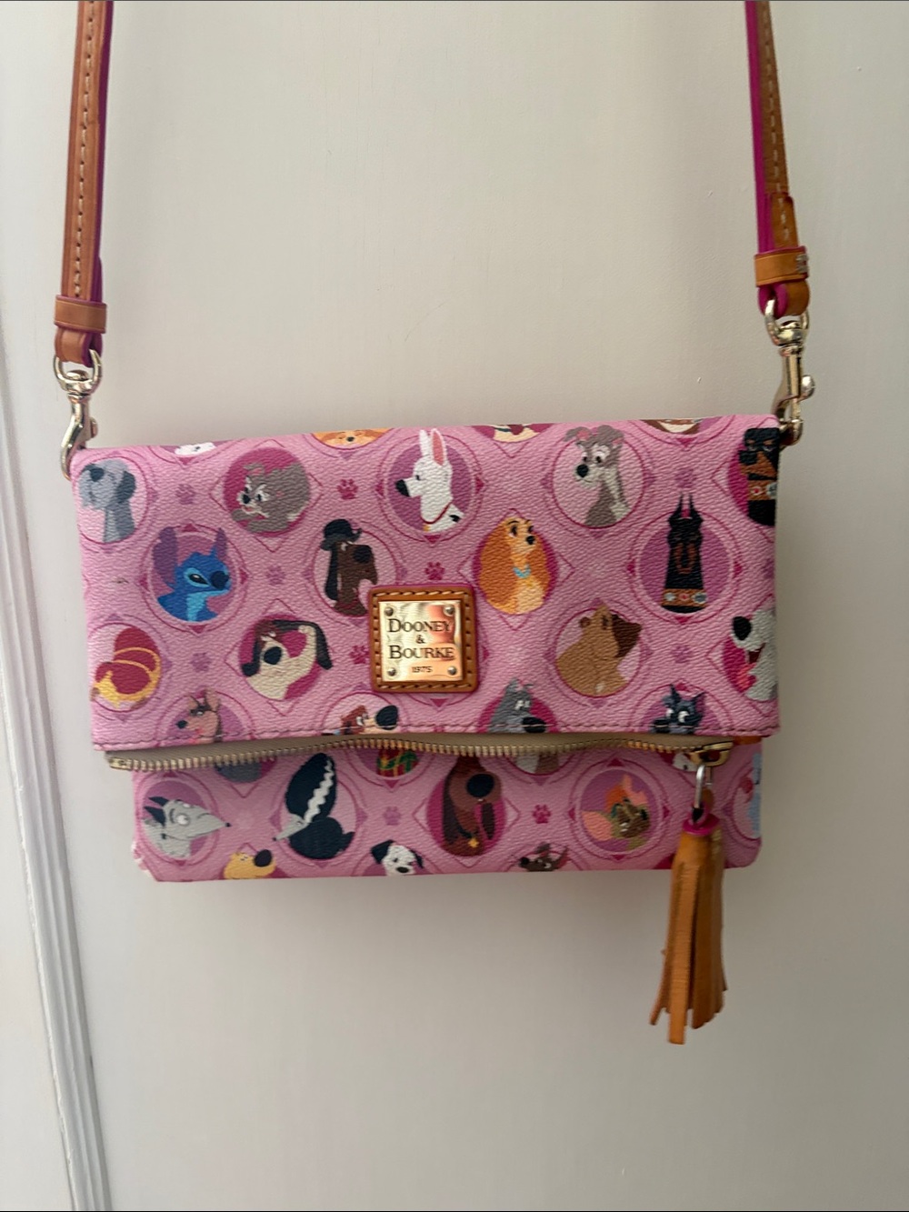 Dooney & Bourke Pink Character Print Crossbody with Tan Leather Strap